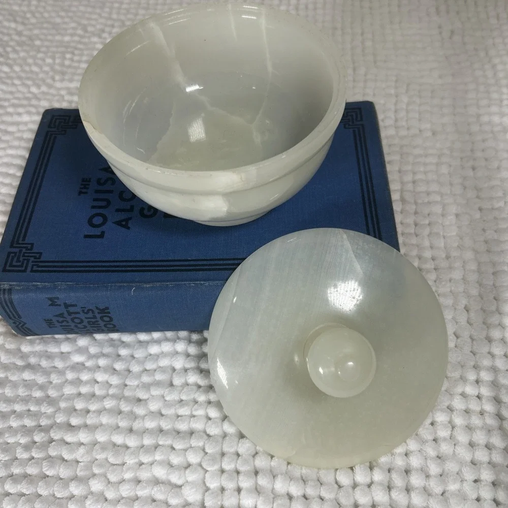 White Onyx Marble Lidded Jar Trinket Candy Dish Cream Heavy App 5